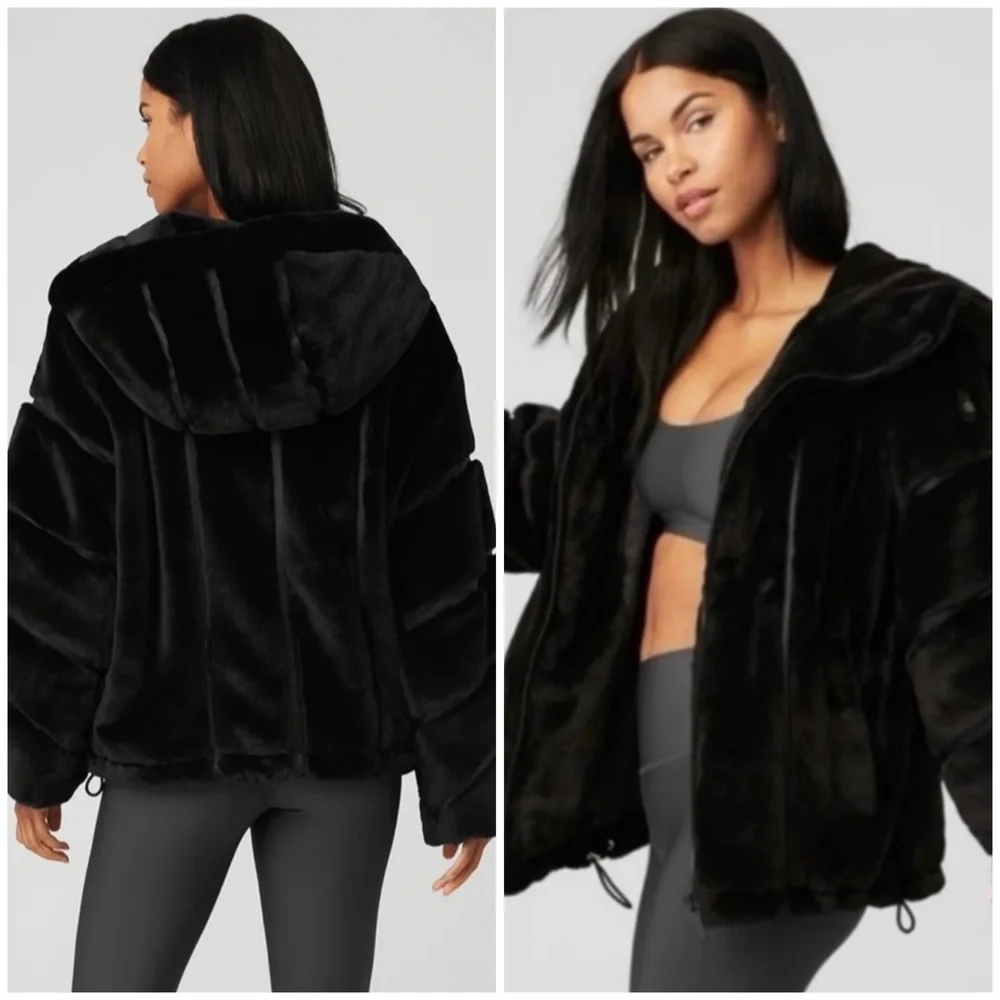 ALO Yoga Black Knockout Faux Fur Oversized Jacket Coat SZ S - Picture 2 of 9